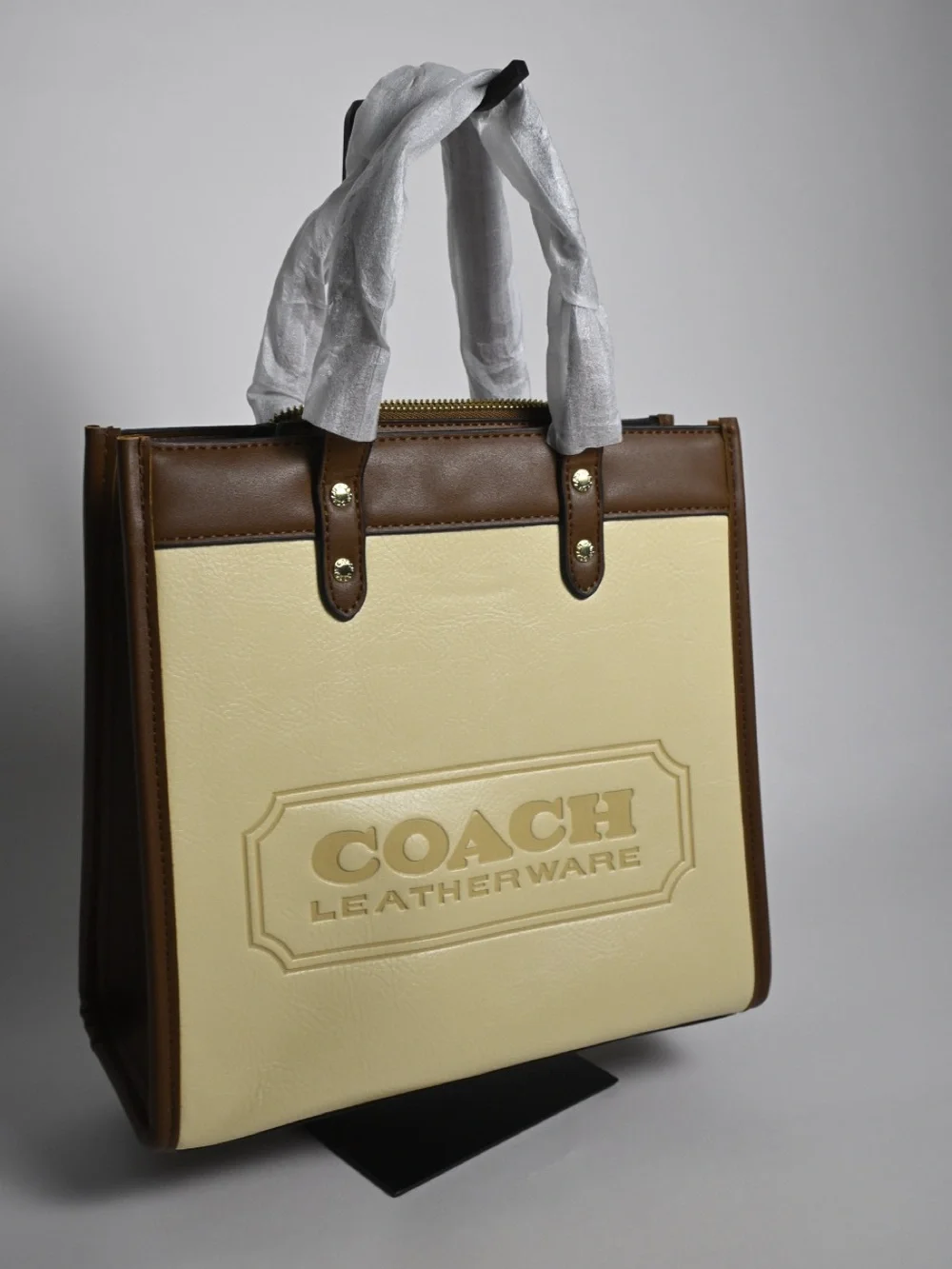 COACH Two-Tone Brown and Cream Leather Shopper Tote